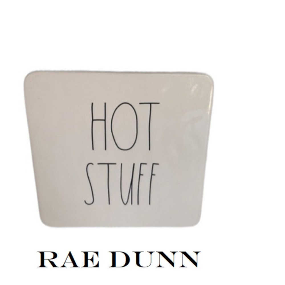 Rae Dunn HOT STUFF Ceramic Trivet - Hot Plate- White With Black Large Le…